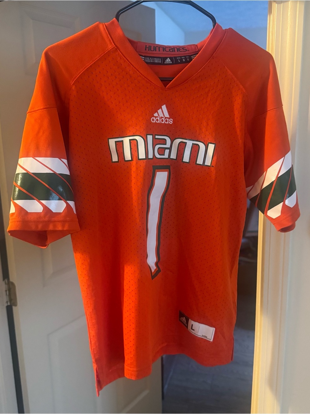 adidas Miami Hurricanes Football Jersey Orange Green White #1 Size L